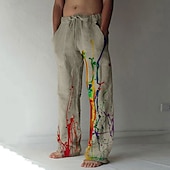 cheap Classic-Men&#039;s Graphic Prints Graffiti Linen Pants Trousers Summer Pants Mid Waist Fashion Streetwear Casual Daily Drawstring Elastic Waist Front Pocket Spring &amp; Summer 3D Print Light Khaki Black White