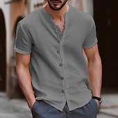 cheap Street-Men&#039;s Shirt Linen Shirt Band Collar Shirt Summer Shirt Beach Wear Button Up Shirt Plain Vacation Casual Black White Blue Khaki Short Sleeve Band Collar Summer Clothing Apparel