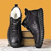 cheap Winter &amp; Snow Boots-Men&#039;s Black Faux Leather Ankle Boots with Warm Plush Lining and Rugged Non-Slip Sole - Stylish and Comfortable for Cold Weather and Outdoor Activities