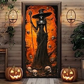 billige Halloween dørdeksler-halloween dørdekorasjoner halloween dørdeksler skjelett heks dør billedvev dør gardin dekorasjon bakteppe dør banner for inngangsdør gårdshus ferie fest innendørs utendørs dekor forsyninger