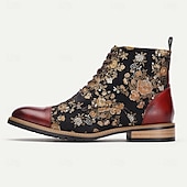 cheap Premium Leather Boots-Men&#039;s Jacquard Fabric and Leather Ankle Boots - Floral Pattern Lace-Up Design for Vintage-Inspired Fashion