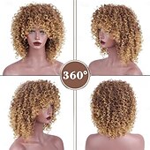 baratos Perucas de Qualidade Superior-perucas afro loiras cacheadas para mulheres negras, peruca loira crespa com franja cabelo sintético resistente ao calor para uso diário