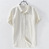 preiswerte Klassiker-Herren leinenhemd Sommerhemd Strandbekleidung Knopfhemd Glatt Casual Täglich Weiß Blau Kurzarm Kargen Sommer Bekleidung Button-Down