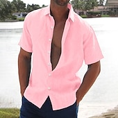 billiga Semester-Herr linneskjorta Sommarskjorta Standkläder Knapp upp skjorta Ensfärgat Semester Curise Svart Vit Rosa Blå Kortärmad Nedvikt Sommar Kläder Button-Down