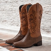 cheap Cowboy &amp; Western Boots-Men&#039;s Brown Western Cowboy Boots with Embroidered Design and Faux Crocodile Pattern - Stylish and Durable