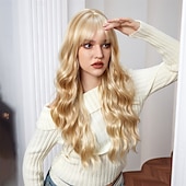 abordables Perruques Synthétiques Sans Bonnet-Perruque Synthétique Bouclé Ondulé Coupe Droite Avec Frange Fabriqué à la machine Perruque 26 pouces Blond Cheveux Synthétiques Femme Mignon Cosplay Soirée Blond
