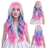 cheap Carnival Wigs-Child Kids Colorful Wigs Long Curly Wavy Wig for Girls Kids Rainbow Wig Colored Synthetic Cosplay Party Halloween Wigs