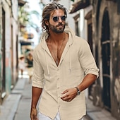 economico Strada-Per uomo Camicia camicia di lino Abbigliamento mare Camicia con bottoni Camicia con cappuccio Liscio Informale Giornaliero Nero Bianco Verde Cachi Manica lunga Con cappuccio Primavera estate