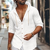 economico Strada-Per uomo Camicia camicia di lino Abbigliamento mare Camicia con bottoni Camicia con cappuccio Liscio Informale Giornaliero Nero Bianco Verde Cachi Manica lunga Con cappuccio Primavera estate