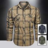 preiswerte Arbeitshemden für Herren-Herren Hemd Arbeitshemden Lässiges Hemd Knopfhemd Kaki Armeegrün Dunkelblau Langarm Plaid Kargen Urlaub Festtage Vordertasche Bekleidung Polyester Modisch Brautkleider schlicht Komfortabel