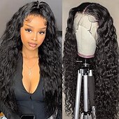 economico Parrucche lace front capelli veri-Parrucca frontale con chiusura in pizzo 5x5, parrucche per capelli umani con onde d&#039;acqua per donne, densità 150%