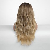 abordables Perruques synthétiques à dentelle-Perruque en dentelle synthétique Ondulation naturelle Style 26 pouce Ombre Blond Marron Foncé Doré Partie médiane Ouverte Perruque Femme Perruque Brun doré avec blond