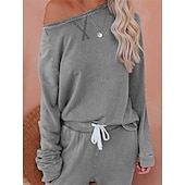 billiga Sovkläder till damer-pyjamasset för kvinnor ren färg mode grundläggande komfort hem daglig säng andas rund hals långärmad byxficka resår midja höst vinter hem outfits