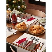 abordables Figuras coleccionables-Juego de 4 manteles individuales navideños de algodón y lino para decoración de mesa de invierno, fiestas, cocinas, comedores, etc., de temporada, para exteriores, interiores y exteriores, 30 x 45 cm