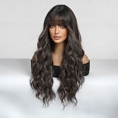 abordables Perruques Synthétiques Sans Bonnet-Perruque Synthétique Bouclé Ondulé Coupe Droite Avec Frange Perruque 26 pouces Brun foncé Cheveux Synthétiques Femme Cheveux Colorés Confortable Avec des franges Marron clair