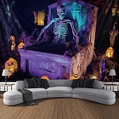 cheap Halloween Wall Tapestries-Halloween Decorations Skeleton Blacklight Tapestry UV Reactive Glow in the Dark Glow Party Trippy Misty Pumpkin Lights Hanging Tapestry Wall Art Mural for Living Room Bedroom