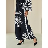 economico pantaloni da donna-pantaloni neri con stampa a gamba larga in raso