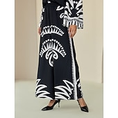 economico pantaloni da donna-pantaloni neri con stampa a gamba larga in raso