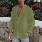 economico Vacanza-Per uomo Camicia Camicia con colletto a fascia Camicia estiva Abbigliamento mare Camicia con bottoni Liscio Esterno Da mare Nero Bianco Blu Verde Manica lunga Collo ripiegabile Primavera &amp; Autunno