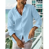 preiswerte Urlaub-Herren leinenhemd Sommerhemd Strandbekleidung Lässiges Hemd Knopfhemd Glatt Urlaub Curise Schwarz Weiß Rosa Marineblau Langarm Kargen Frühling Sommer Bekleidung