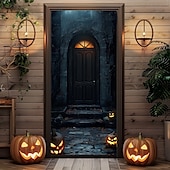 billige Halloween dørdeksler-halloween dørdekorasjoner halloween dørdeksler skummel dyster dør billedvev dør gardin dekorasjon bakteppe dør banner for inngangsdør gårdshus ferie fest innendørs utendørs dekor forsyninger