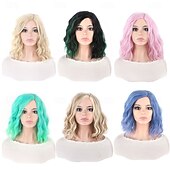economico Parrucche da festa-parrucche sintetiche corte da donna resistenti al calore capelli ricci parte centrale parrucca multicolore arcobaleno blu arancione sfumata