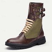 cheap Work Boots-Men&#039;s Brown Faux Leather and Green Canvas Motorcycle Boots with Double Buckle Straps - Rugged Biker Boots for Riding and Outdoor Adventures