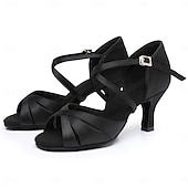 abordables Chaussures de danses latines-chaussures de danse de salon en satin noir pour femmes avec bride croisée et boucle en strass, talons confortables pour la danse latine et la salsa