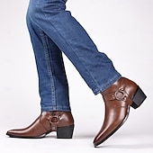 abordables Botas de ciclista-Botines de moto de piel sintética marrón para hombre con detalle de correa y anillo de metal: elegantes botas de motociclista de inspiración western