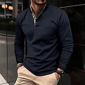 preiswerte Klassisches Poloshirt für Herren-Herren Waffel-Poloshirt Golfhemd Arbeit Casual Ständer Langarm Basic Modern Farbblock Patchwork Taste Frühling &amp; Herbst Regular Fit Schwarz Weiß Wein Marinenblau Dunkelgrau Armeegrün Waffel-Poloshirt