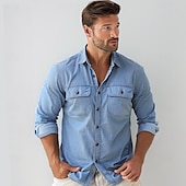 cheap Men&#039;s Elite Shirts-Men&#039;s 100% Cotton Shirt Button Up Shirt Casual Shirt Button Down Shirt Blue Long Sleeve Solid Color Turndown Shirt Collar Outdoor Work Pocket Clothing Apparel Neutral Daily Sports &amp; Outdoors