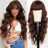 abordables Perruques Synthétiques Sans Bonnet-perruque avec frange longue perruque ondulée pour femme perruque en cheveux synthétiques pour une utilisation quotidienne en soirée