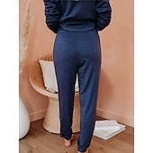 billiga Sovkläder till damer-pyjamasset för kvinnor ren färg mode grundläggande komfort hem daglig säng andas rund hals långärmad byxficka resår midja höst vinter hem outfits