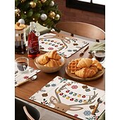 abordables Figuras coleccionables-Juego de 4 manteles individuales navideños de algodón y lino para mesa de Navidad de temporada de invierno con muñeco de nieve &amp;Diseño de reno para decoración de interiores y exteriores, para fiestas,
