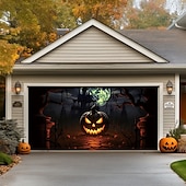 billige Halloween garasjeportdeksel-halloween dørdekorasjoner utendørs halloween garasjedørdeksel jack o lanterne gresskar slott banner skummel skog stort bakteppe dekorasjon for ferie utendørs garasjedør hjem veggdekorasjoner