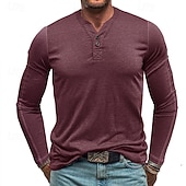 preiswerte Lässiges Henley-T-Shirt-Herren T-Shirt mit Knöpfen T Shirt Henley Hemd T-Shirt Langarm Henley Frühling &amp; Herbst Einfach Mode Designer Basic Urlaub Straße Ausgehen Meerblau Wein Blau Top T-Shirt für Herren