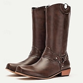 abordables Cowboy y botas occidentales-Botas de motociclista estilo western de piel sintética marrón para hombre: estilo clásico con detalle de arnés para uso ecuestre y casual