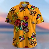 cheap Floral Print-Men&#039;s Floral Skull Tropical Flowers Summer Hawaiian Shirt Button Up Shirt Aloha Shirt Short Sleeve Shirt Collared Shirts Hawaiian Casual Vacation Party Evening Wear Daily Purple Fuchsia Orange S M L