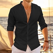 preiswerte Urlaub-Herren Hemd leinenhemd Hemd mit Stehkragen Sommerhemd Strandbekleidung Knopfhemd Glatt Urlaub Curise Schwarz Weiß Rosa Blau Langarm Stehkragen Frühling Sommer Bekleidung