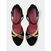 abordables Chaussures de danses latines-chaussures de danse noires et dorées pour femmes avec bride à la cheville - talons de danse latine pour salon, salsa et tango, confortables et élégants pour les performances et la pratique