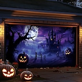tanie Halloween pokrycie drzwi garażowych-dekoracje drzwi halloweenowych na zewnątrz halloweenowy baner na drzwi garażowe jack o lantern duży gobelin dekoracja tła na święta zewnętrzne drzwi garażowe dekoracje ścienne domu