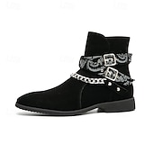 preiswerte Biker -Stiefel-Wildlederstiefeletten für Herren mit Riemen mit Totenkopf-Print und Kettendetail – stilvolles Western-inspiriertes Design für die Freizeit und Festivals