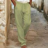 cheap Holiday-Men&#039;s Linen Pants Trousers Summer Pants Beach Pants Pocket Drawstring Elastic Waist Plain Comfort Breathable Daily Holiday Vacation Hawaiian Boho Black White