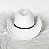 abordables Chapeaux de fête-chapeau de cowboy western blanc pour femmes et hommes, chapeau de cowboy bouclé avec fedora en cuir, chapeau de cavalier toca toca