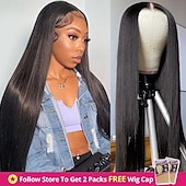 economico Parrucche lace front capelli veri-Parrucca frontale in pizzo 4*6, parrucca in pizzo trasparente, parrucche lunghe e lisce in capelli umani da 12-28 pollici