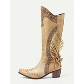 levne Cowboy &amp; Western Boots-dámské hnědé westernové kovbojské boty s třásněmi a cvočky, vintage boty ke kolenům pro rodeo a country outfit