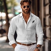voordelige Zakelijk Casual-Voor heren linnen overhemd Blad Buiten Vakantie Wit Blozend Roze Groen Grijs Lange mouw Kraag Lente &amp; Herfst Kleding Dichtknopen