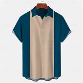 cheap Men's Button Up Shirts-Men's Shirt Summer Shirt Beach Wear Casual Shirt Bowling Shirt Button Up Shirt Black Wine Blue Green Gray Short Sleeve Color Block Lapel Vacation Daily Front Pocket Clothing Apparel Cotton Fashion