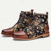 cheap Jacquard shoes-Men&#039;s Floral Jacquard and Brown Faux Leather Lace-Up Boots - Vintage Oxford Ankle Boots with Retro Style for Casual and Formal Wear