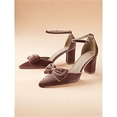 preiswerte Block Heels-Braune Pumps aus Samt mit spitzer Spitze und Fesselriemchen sowie Blockabsatz und Schleifendetail für Damen für Partys und formelle Anlässe